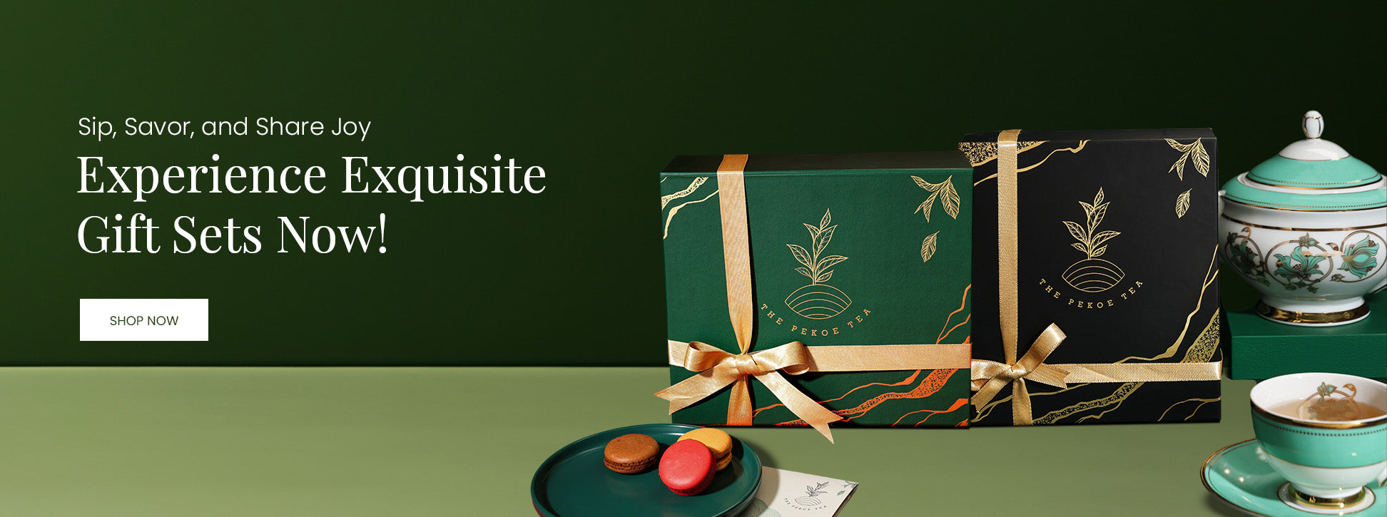 Pekoe tea homepage banner with tea fift sets, cups and macroons