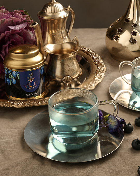 Pekoe Blue Pea Tea in a glass cup